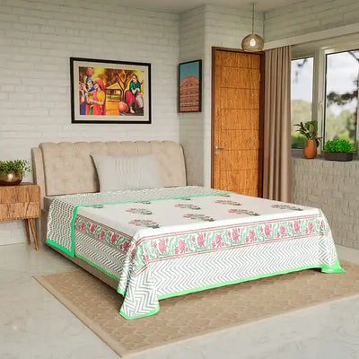 Green Pink Plant Single Bed Mulmul Dohar