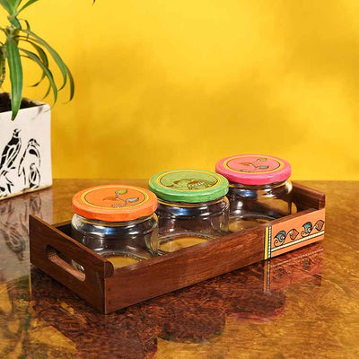 Tray in wood & 3 Glass Jars Madhubani Lid - Set of 4 - Dining & Kitchen - 2