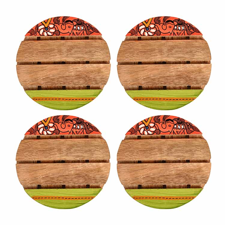 Coaster Round Wooden Handcrafted with Madhubani Art - Set of 4 (4x4") - Dining & Kitchen - 3