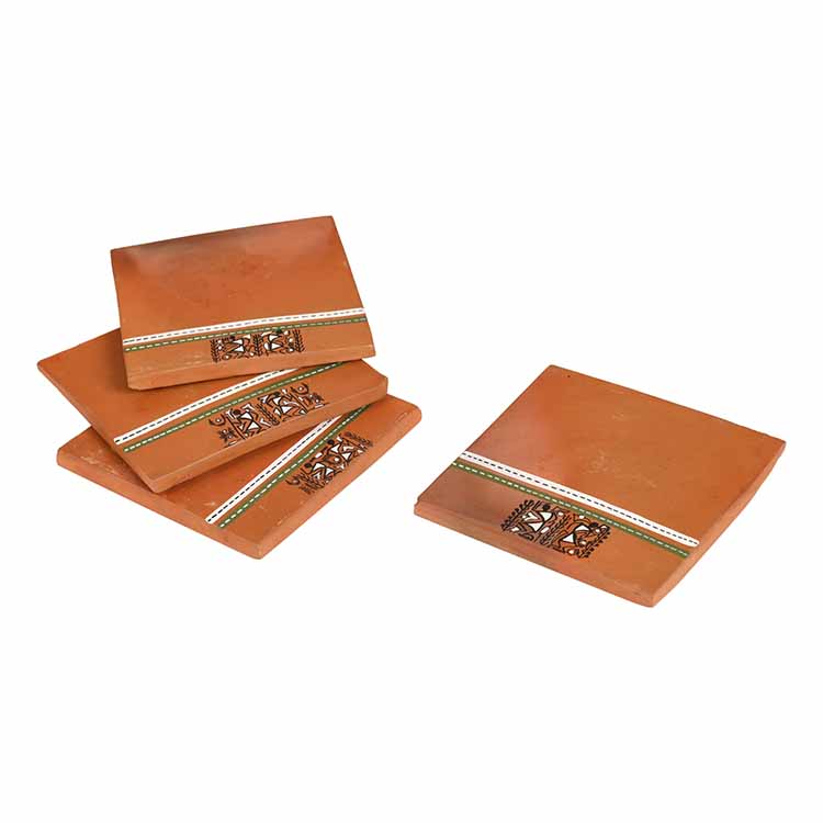 Back To Earth' Earthen Coasters with Warli Art - Set of 4 (4x4x0.5") - Dining & Kitchen - 4