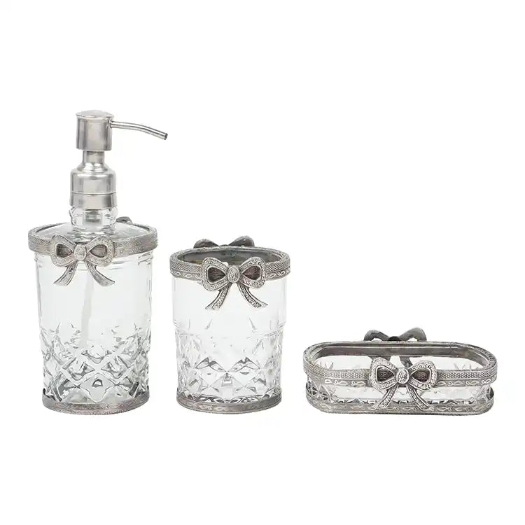 Antique Bow-Tied Glass Bathroom Silver Set 80-044-21-1