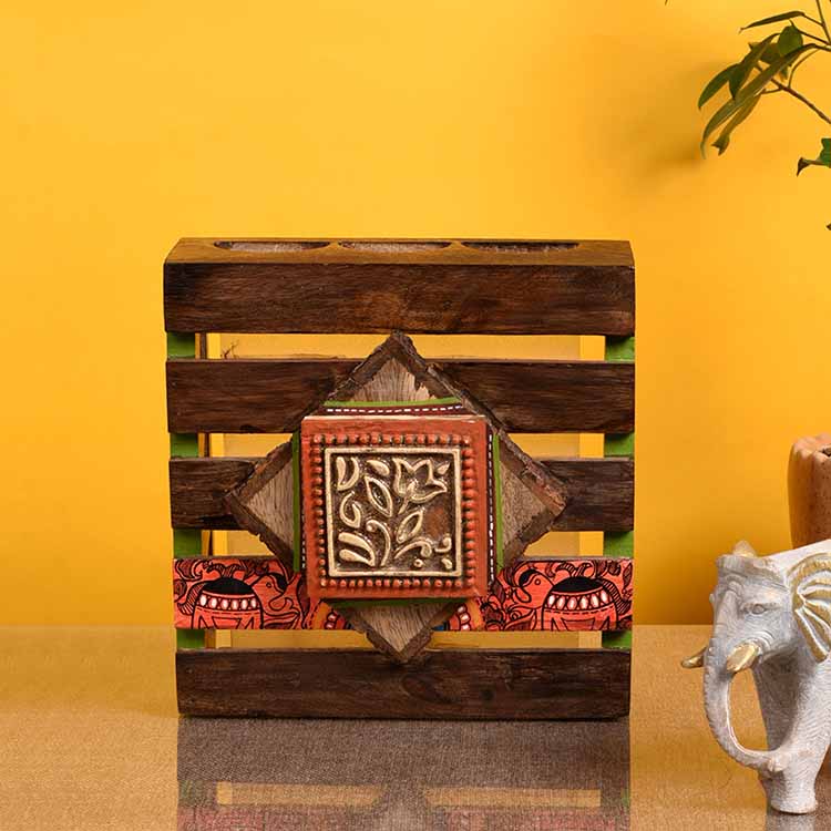 Wall Lamp Handcrafted in Wood with Tribal Motifs (8x2.5x8") - Decor & Living - 2