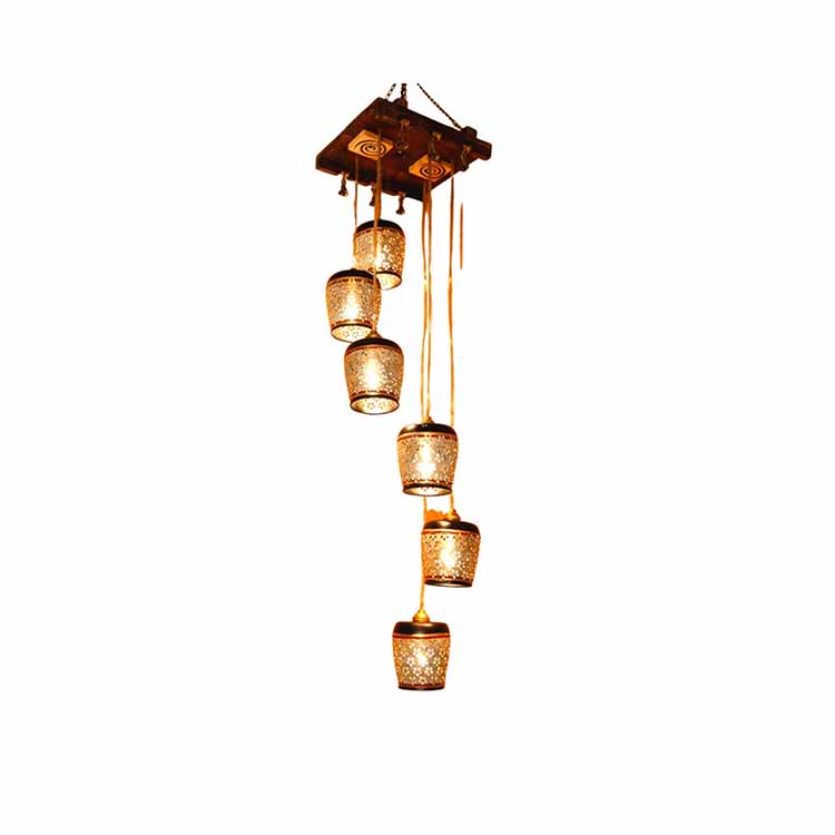 Moon-6 Chandelier with Metal Hanging Lamps in Simmering Gold (6 Shades) - Decor & Living - 2