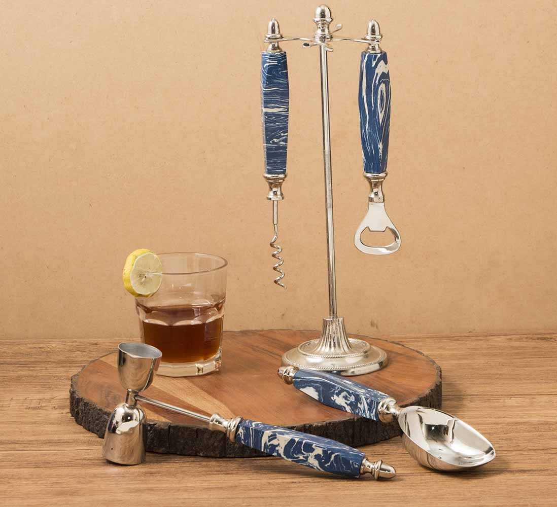 Stainless Steel with Stone Blue Stone Bar Tools (Set of 4 with Stand) - Dining & Kitchen - 2