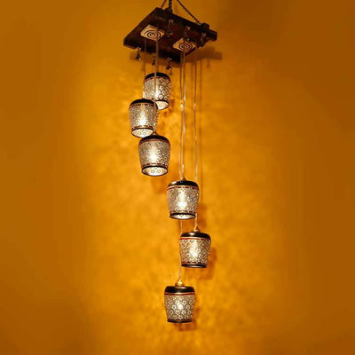 Moon-6 Chandelier with Metal Hanging Lamps in Simmering Gold (6 Shades) - Decor & Living - 1
