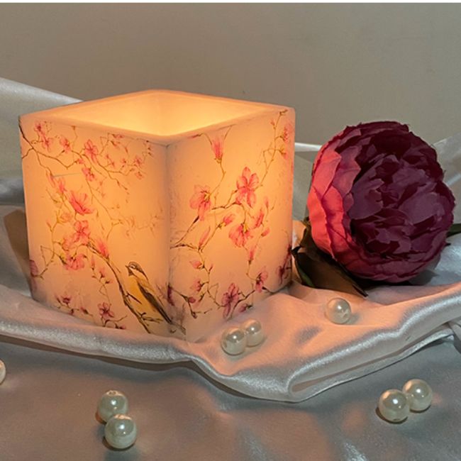 White and Pink Floral Designer Hollow Square Candle - Accessories - 2