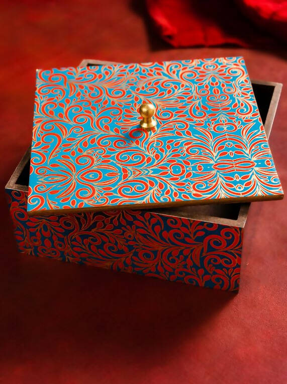 Box Wooden Printed Paisley Blue and Gold - Storage & Utilities - 1