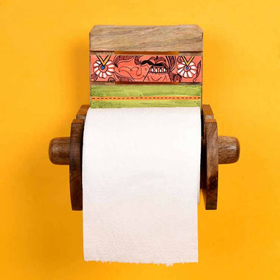 Tissue Roll/ Towel Holder Handcrafted in Wood with Madhubani Art (5x4x6.5") - Storage & Utilities - 1