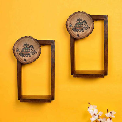 Wall Decor Round Coaster Handcrafted Wooden Shelves - Set of 2 (6x2.5x9") - Storage & Utilities - 1