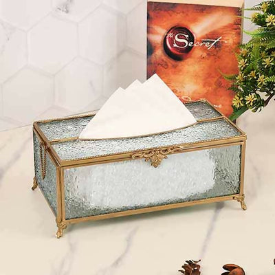Gleaming Crackle Glass Tissue Box with Antique Brass 80-041-24-2