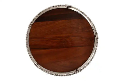 Brown Wood & Aluminium Round Sheesham Serving Tray 51-493-30