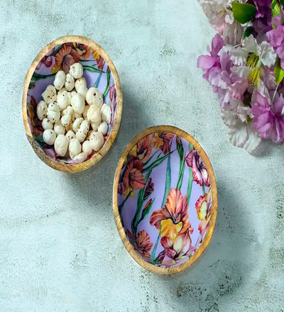 Set of 2 Purple Gladiolus Harmony Print Wooden Snack Bowl - Dining & Kitchen - 2