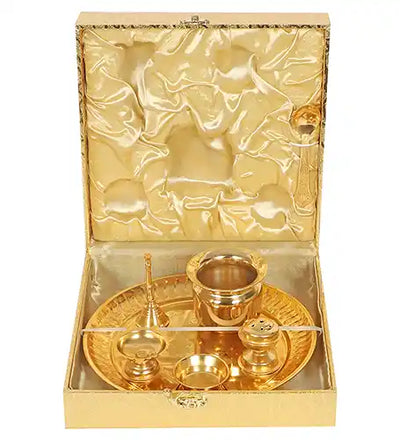 Gold Steel Pooja Thali With Velvet Box