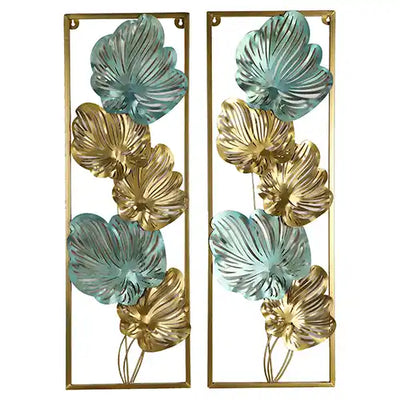 Green & Gold Etching Leaves Rectangular Wall Decor Set of 2
