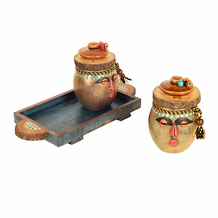 Happy Tribals Storage Jars and Handcrafted Tray - Set of 3 - Dining & Kitchen - 6