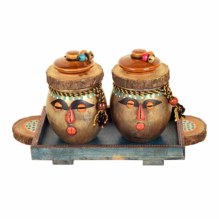 Happy Tribals Storage Jars and Handcrafted Tray - Set of 3 - Dining & Kitchen - 4