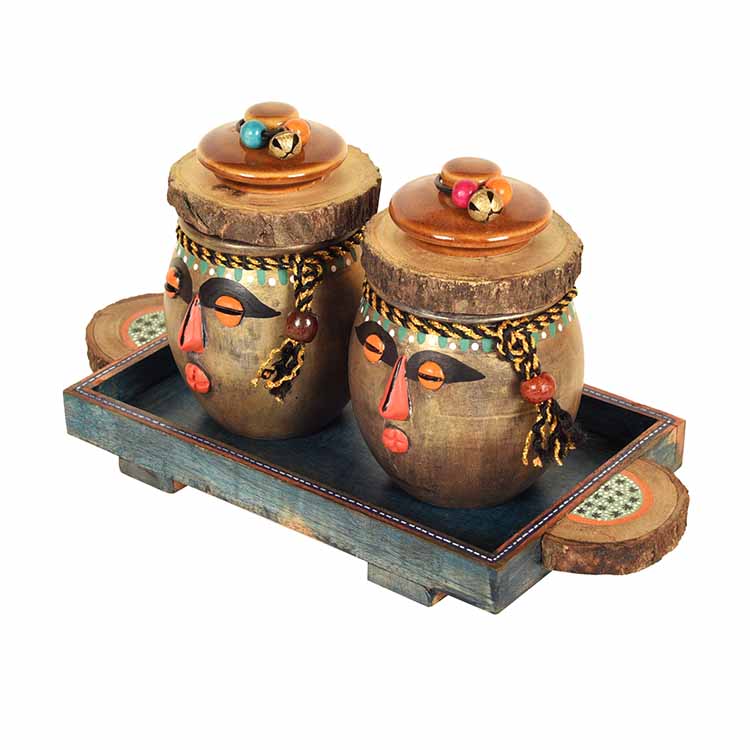 Happy Tribals Storage Jars and Handcrafted Tray - Set of 3 - Dining & Kitchen - 3