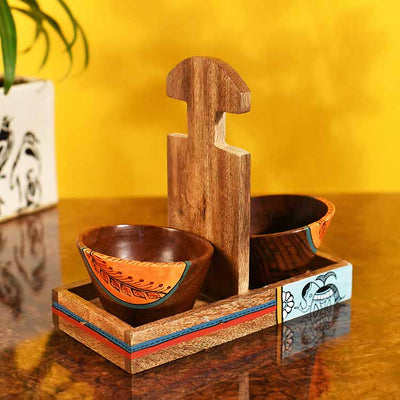 Bowl Holder & 2 Wooden Bowls - Set of 3 - Dining & Kitchen - 2