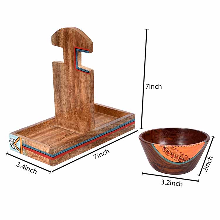 Bowl Holder & 2 Wooden Bowls - Set of 3 - Dining & Kitchen - 5