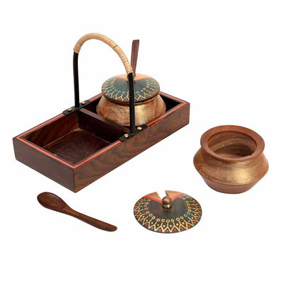 Wooden Handi Set with Stylish Metal Handle Tray - Dining & Kitchen - 4