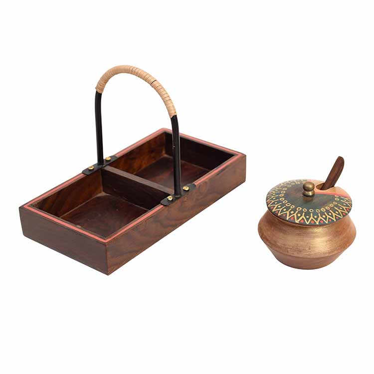 Wooden Handi Set with Stylish Metal Handle Tray - Dining & Kitchen - 6