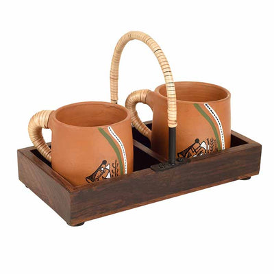 Happy Morning Earthen Cups with Cane Embellished Tray - Dining & Kitchen - 3