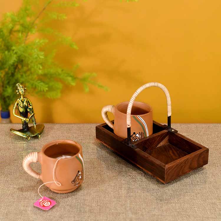 Happy Morning Earthen Cups with Cane Embellished Tray - Dining & Kitchen - 2