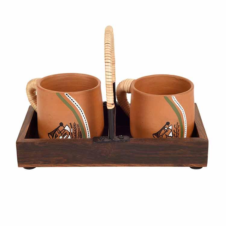 Happy Morning Earthen Cups with Cane Embellished Tray - Dining & Kitchen - 4