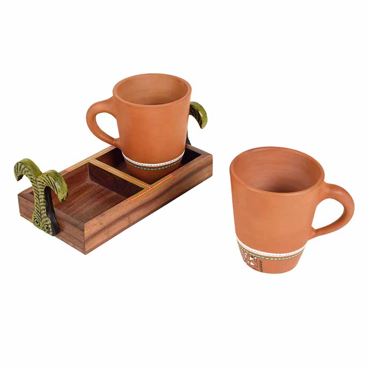 Happy Morning Earthen Coffee Mugs & Wooden Tray - Dining & Kitchen - 5