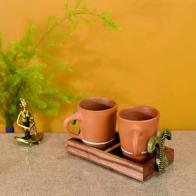 Happy Morning Earthen Coffee Mugs & Wooden Tray - Dining & Kitchen - 2