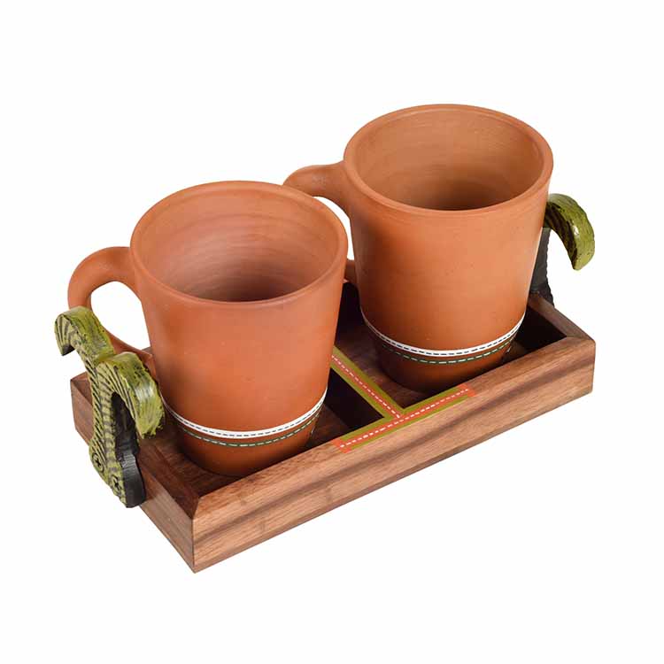 Happy Morning Earthen Coffee Mugs & Wooden Tray - Dining & Kitchen - 3