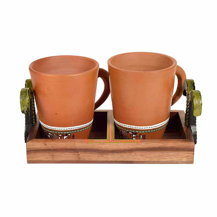 Happy Morning Earthen Coffee Mugs & Wooden Tray - Dining & Kitchen - 4