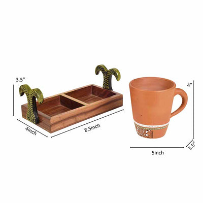 Happy Morning Earthen Coffee Mugs & Wooden Tray - Dining & Kitchen - 6