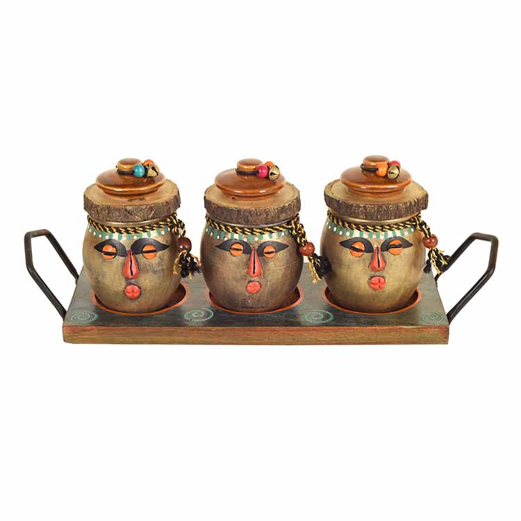 Happy Tribals Storage Jars and Handcrafted Tray S04 - Dining & Kitchen - 3