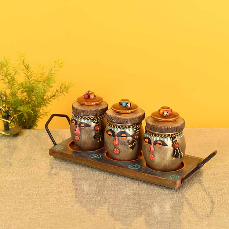 Happy Tribals Storage Jars and Handcrafted Tray S04 - Dining & Kitchen - 2