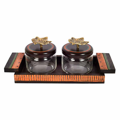 Tray in Wood & 2 Glass Jaars with Brass Handle Lids - Set of 3 - Dining & Kitchen - 4