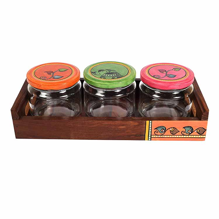 Tray in wood & 3 Glass Jars Madhubani Lid - Set of 4 - Dining & Kitchen - 3
