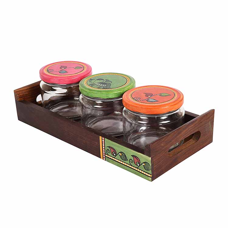Tray in wood & 3 Glass Jars Madhubani Lid - Set of 4 - Dining & Kitchen - 4