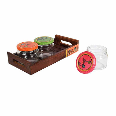 Tray in wood & 3 Glass Jars Madhubani Lid - Set of 4 - Dining & Kitchen - 6