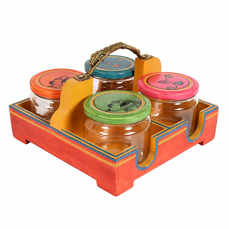 Tray with Brass Handle & 4 Jaar Madhubani Orange - Set of 5 - Dining & Kitchen - 4