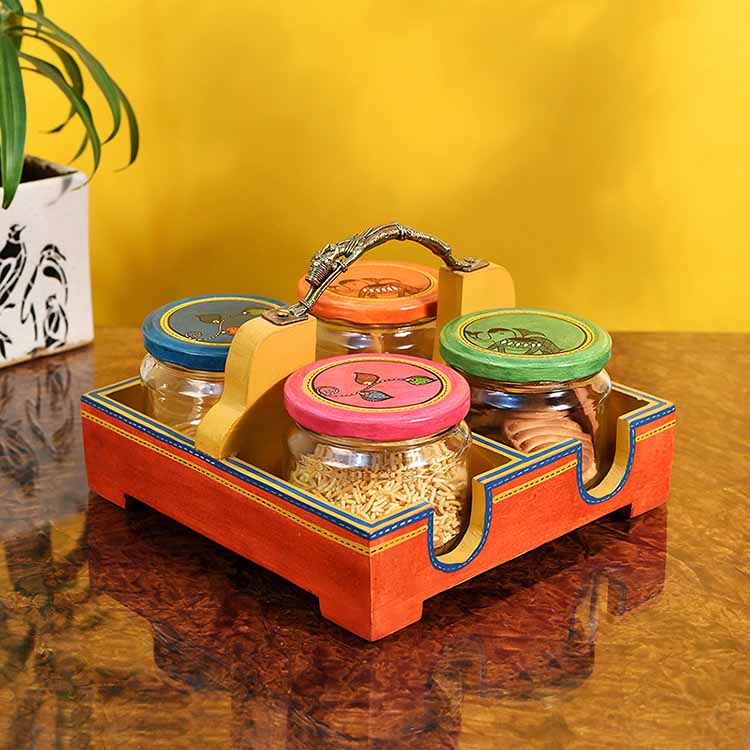 Tray with Brass Handle & 4 Jaar Madhubani Orange - Set of 5 - Dining & Kitchen - 2
