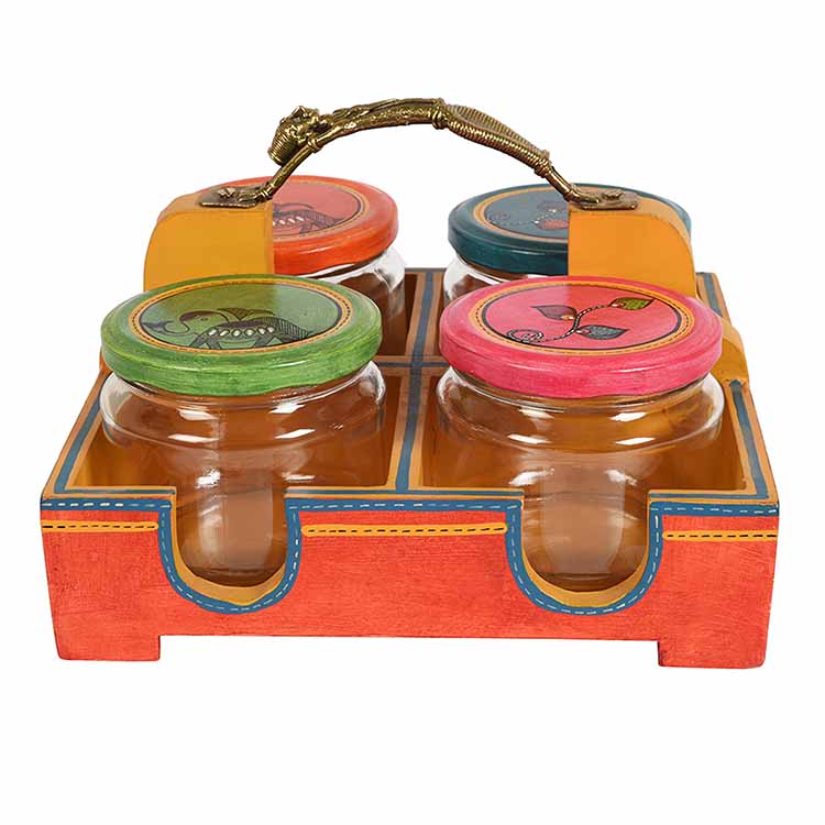 Tray with Brass Handle & 4 Jaar Madhubani Orange - Set of 5 - Dining & Kitchen - 3