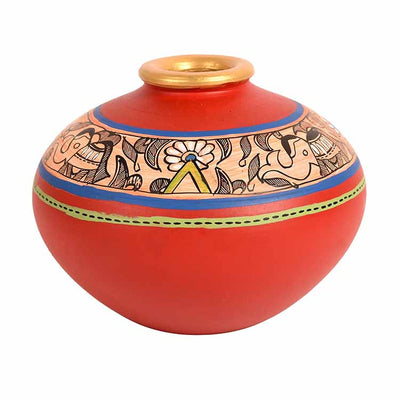 Vase Earthen Handcrafted Red Madhubani (4.5x5.5") - Decor & Living - 3