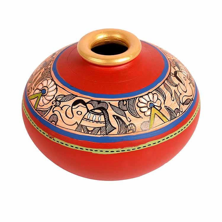 Vase Earthen Handcrafted Red Madhubani (4.5x5.5") - Decor & Living - 2