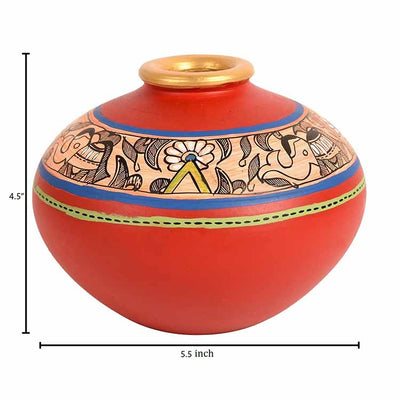 Vase Earthen Handcrafted Red Madhubani (4.5x5.5") - Decor & Living - 4