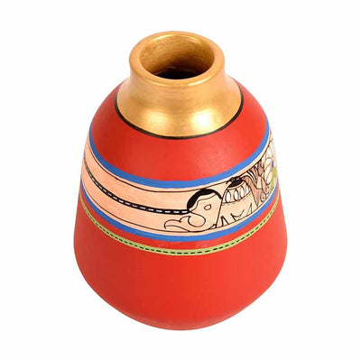 Vase Earthen Handcrafted Red Madhubani (6.5x5.5") - Decor & Living - 2