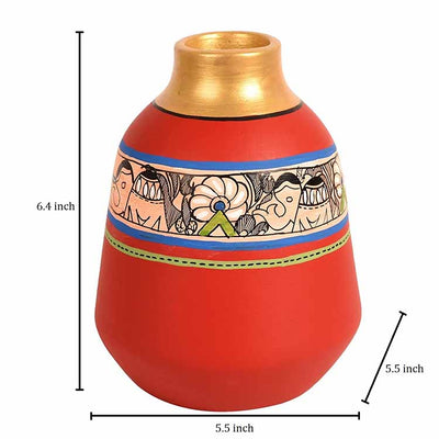 Vase Earthen Handcrafted Red Madhubani (6.5x5.5") - Decor & Living - 4