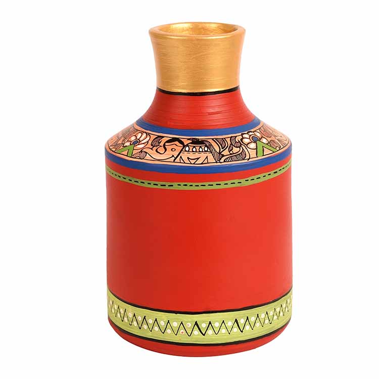 Vase Earthen Handcrafted Red Madhubani (7.2x4.5") - Decor & Living - 3