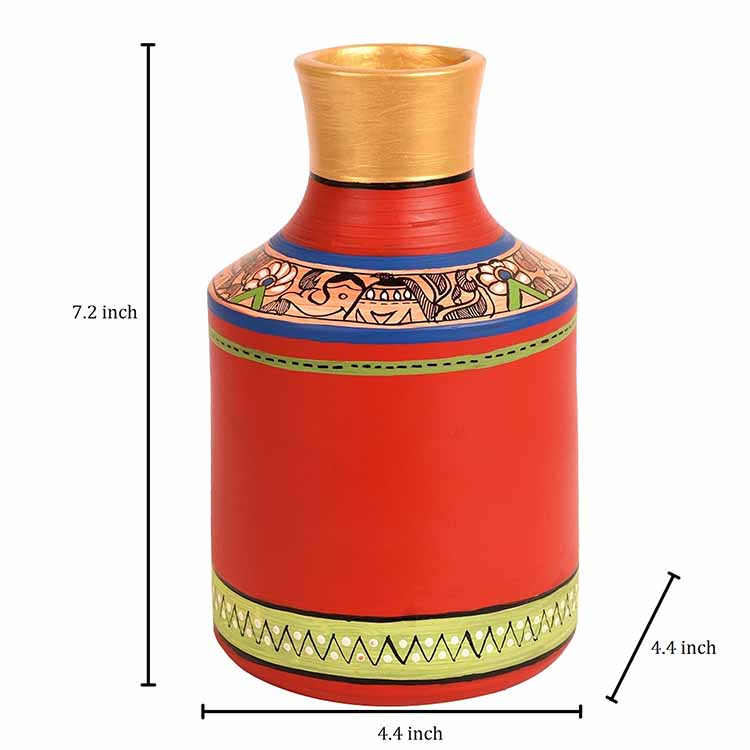 Vase Earthen Handcrafted Red Madhubani (7.2x4.5") - Decor & Living - 4