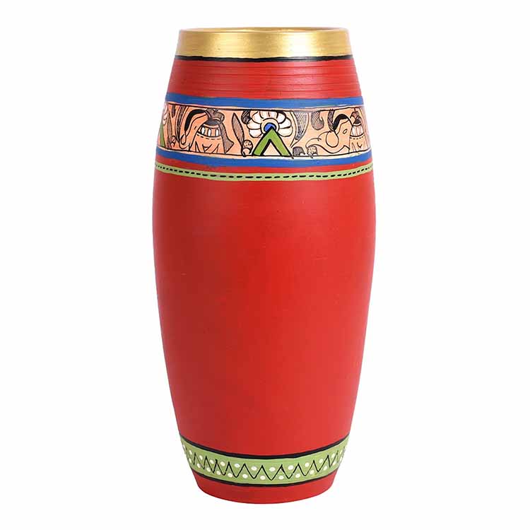 Vase Earthen Handcrafted Red Madhubani (9x4") - Decor & Living - 3